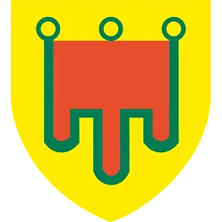 Blason jaune et vert avec symbole rouge.